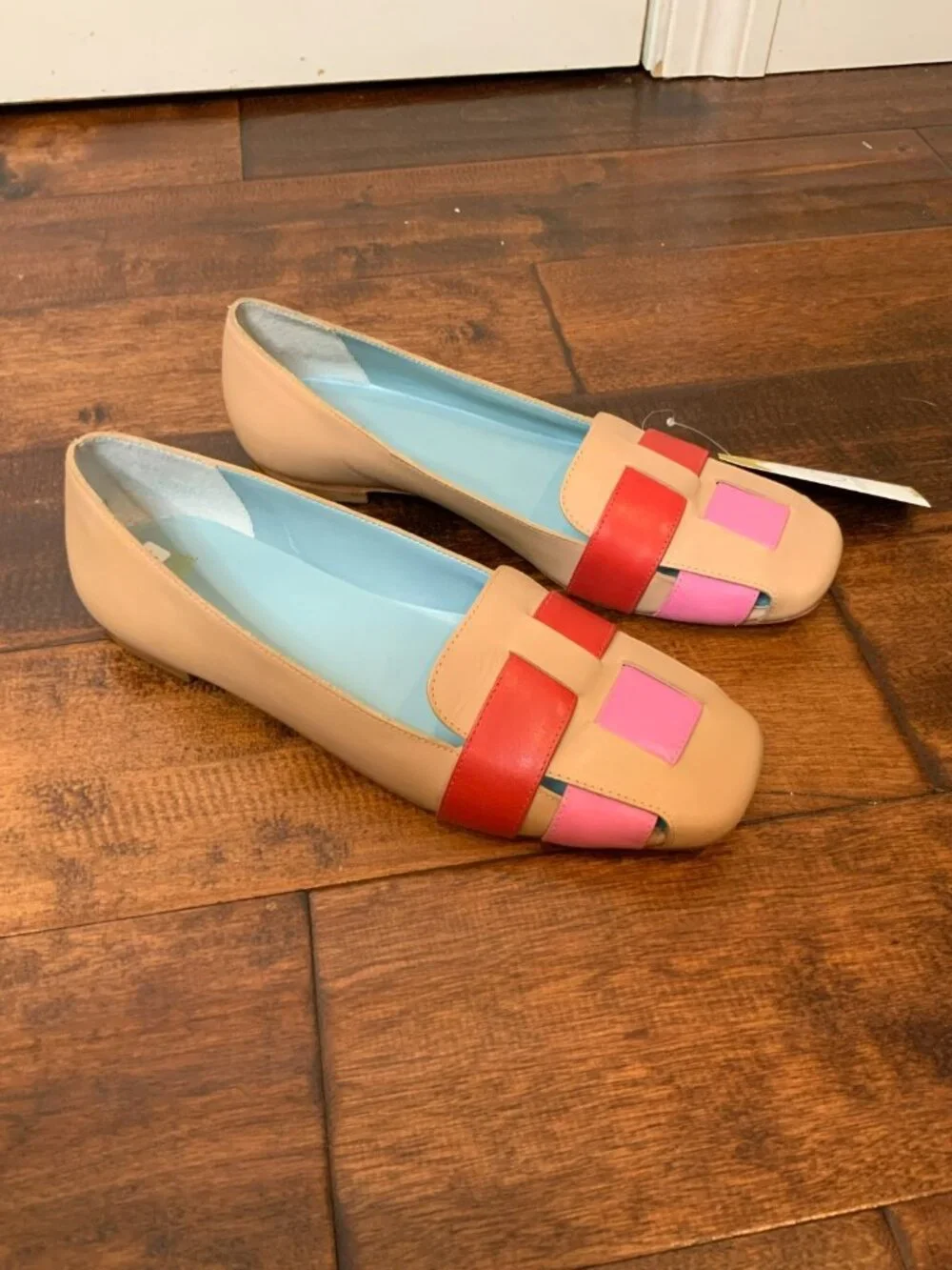 Frances Valentine Tan Pink Red Leather Color Block Loafers, Size 9.5